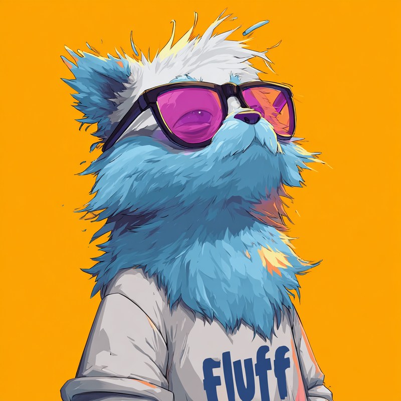 McFluff — a fluffy blue creature in pink sunglasses and a fluff t-shirt