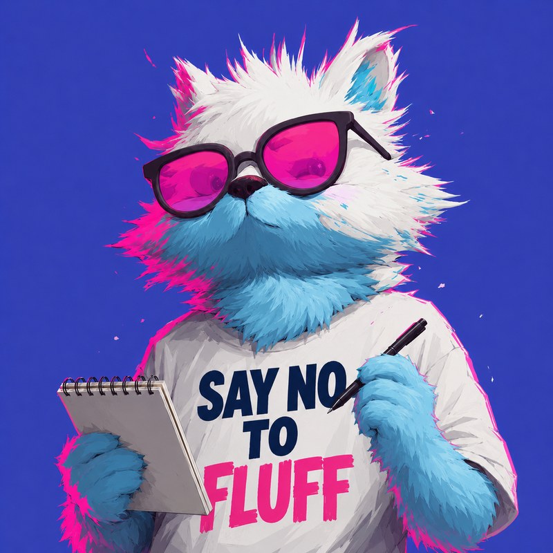 McFluff in a Say No To Fluff shirt, taking notes on a spiral pad